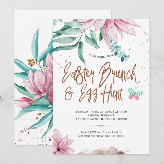 Invitation Brunch de Pâques floral et chasse aux oeufs magnol (Devant / Derrière)