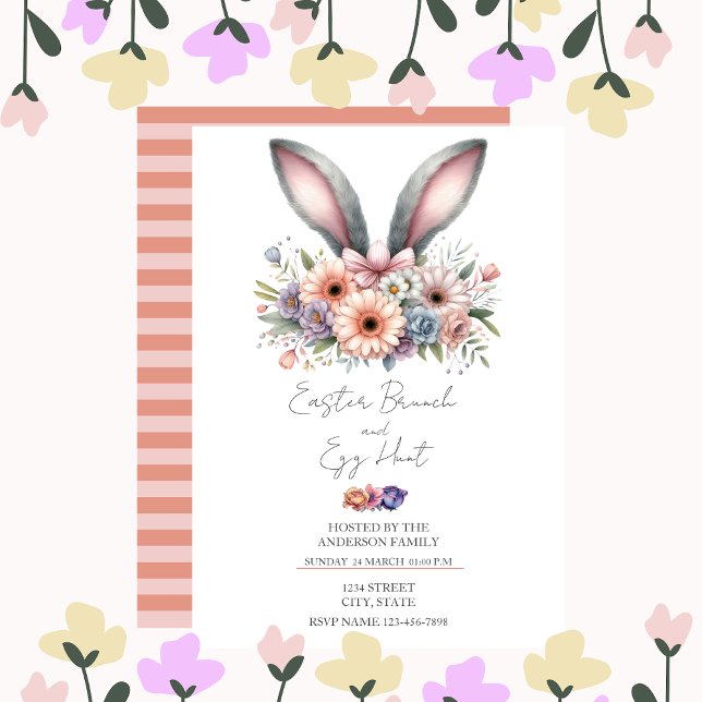 Invitation Brunch de Pâques Floral Moderne Lapin Oreilles Inv (Créateur téléchargé)