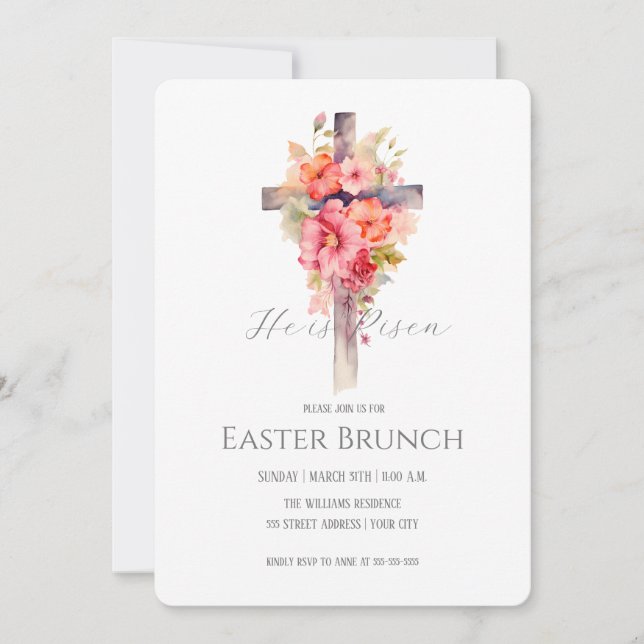 Invitation Brunch de Pâques Floral sur Croix (Devant)