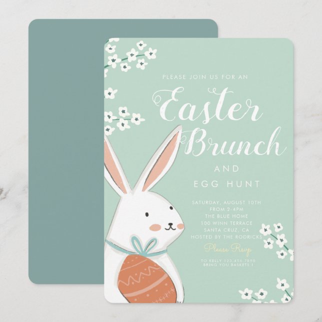 Invitation Brunch de Pâques lapin blanc et oeuf (Devant / Derrière)