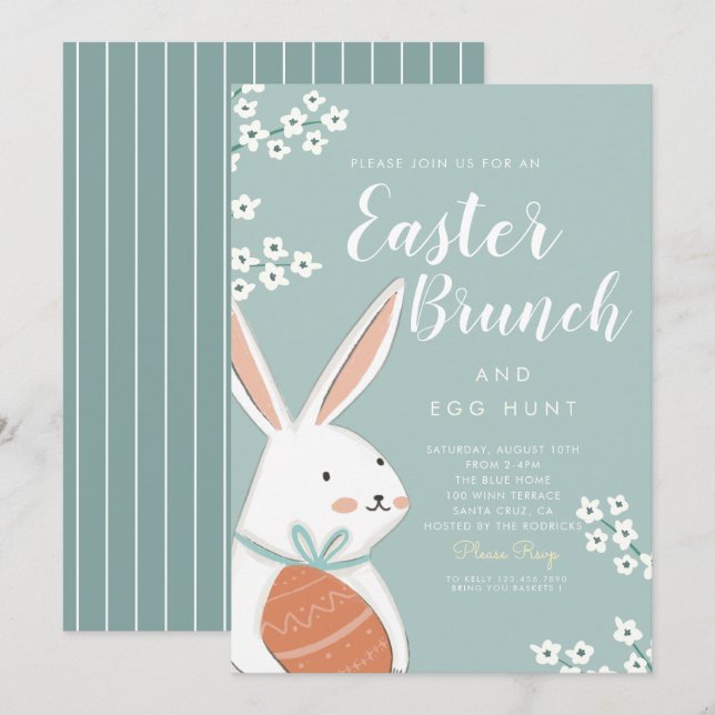 Invitation Brunch de Pâques lapin blanc et oeuf (Devant / Derrière)