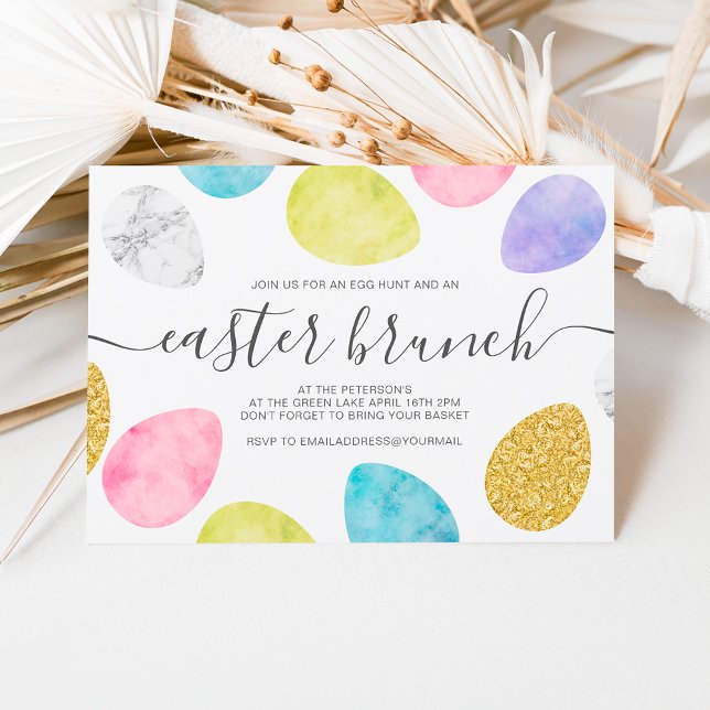 Invitation Brunch de Pâques moderne or pastel aquarelle oeufs (Créateur téléchargé)