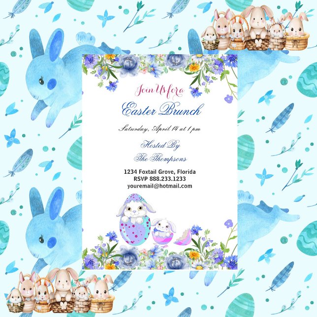 Invitation Brunch de Pâques Oiseaux décoratifs Lapin Floral (Easter Brunch Decorative Egg Birds Bunny Floral Invitation)