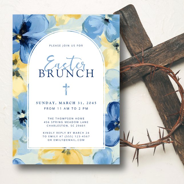 Invitation Brunch de Pâques Printemps chrétien Floral Bleu (Créateur téléchargé)