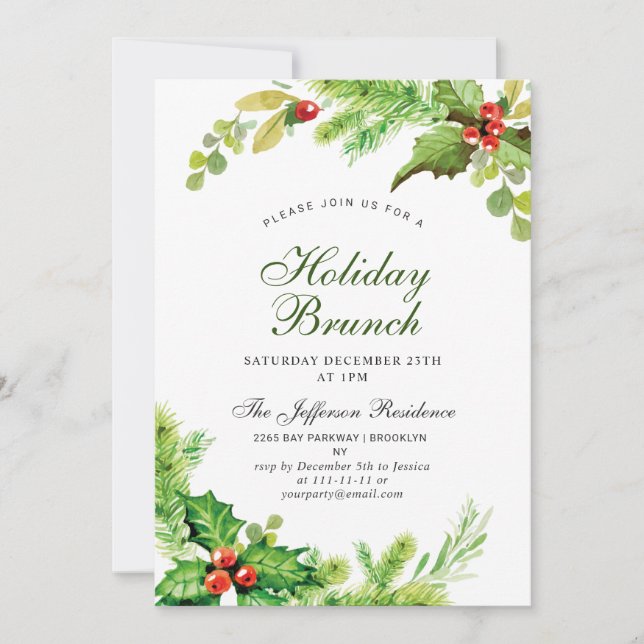 Invitation Brunch de vacances Red Holly Berry Noël (Devant)