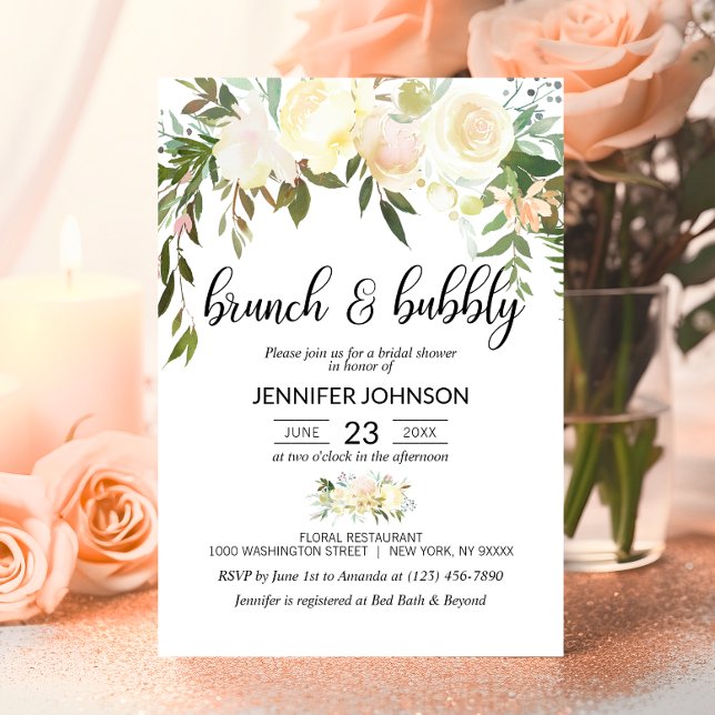 Invitation Brunch en ivoire rose floral et Fête des mariées m (Floral Pink Ivory Brunch & Bubbly Bridal Shower Invitation)