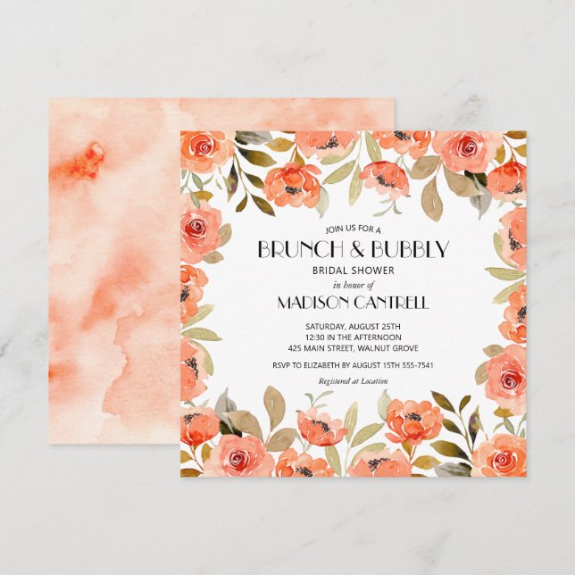 Invitation Brunch et Bubbly Aquarelle Fête des mariées floral (Devant / Derrière)
