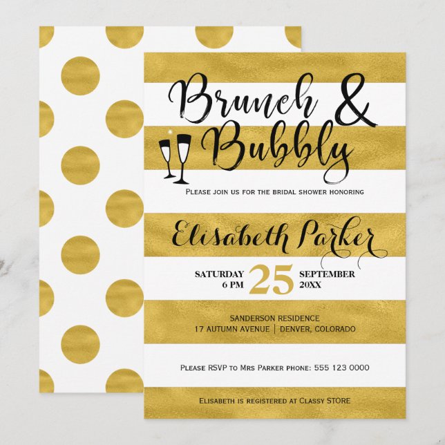 Invitation Brunch et bubbly blanc rayures or nuptiale douche (Devant / Derrière)