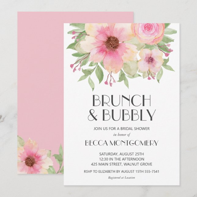 Invitation Brunch et Bubbly Blush Fête des mariées florale ro (Devant / Derrière)