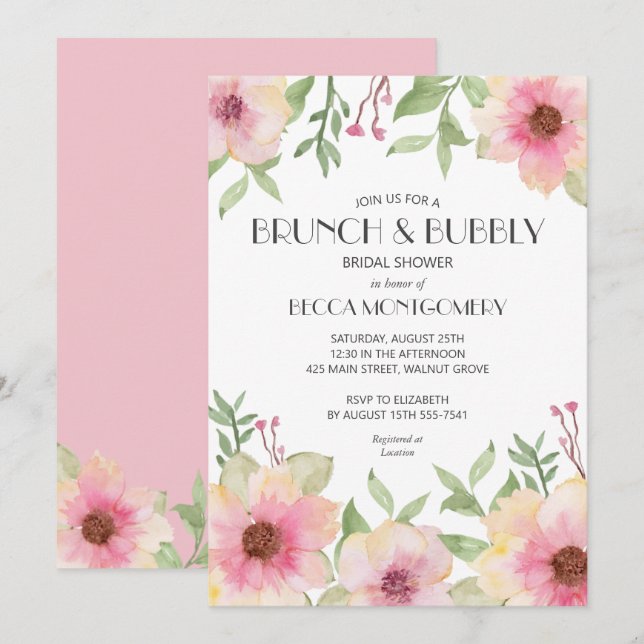 Invitation Brunch et Bubbly Blush Fête des mariées florale ro (Devant / Derrière)