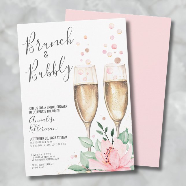 Invitation Brunch Et Bubbly Blush Fête des mariées Florale Ro (Brunch And Bubbly Blush Pink Floral Bridal Shower Invitation)