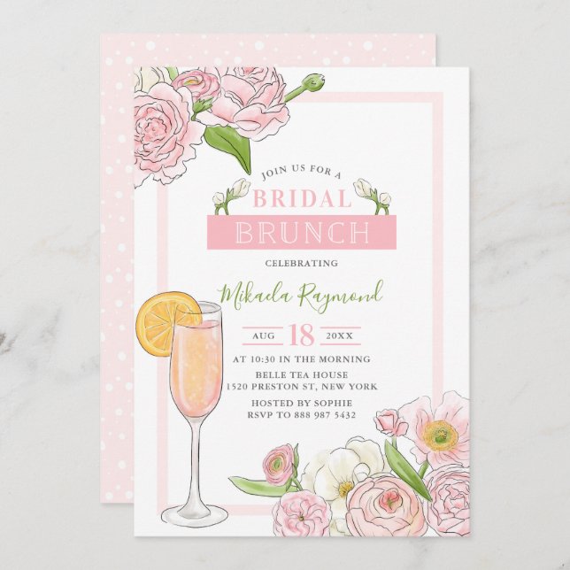 Invitation Brunch et Bubbly | Brunch nuptial rose (Devant / Derrière)