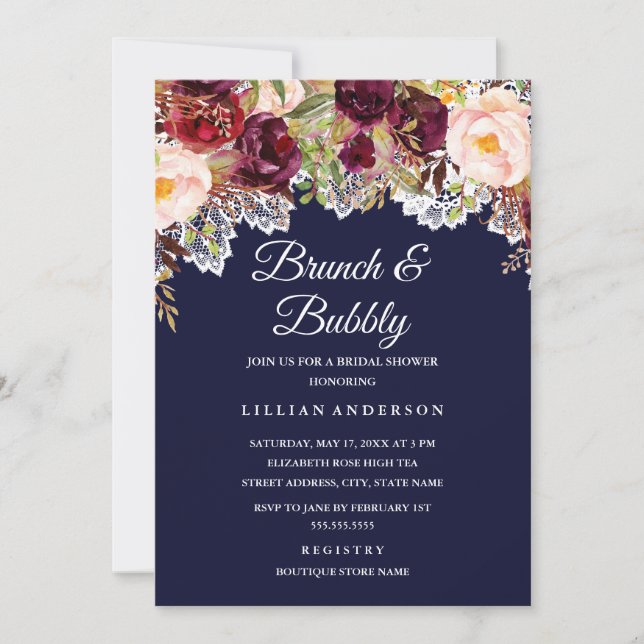 Invitation Brunch Et Bubbly Burgundy Marine Fête des mariées (Devant)