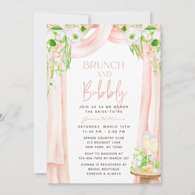 Invitation Brunch Et Bubbly Élégante Fête des mariées Florale (Devant)