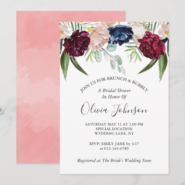 Invitation Brunch et Bubbly Fête des mariées florale élégante (Devant / Derrière)