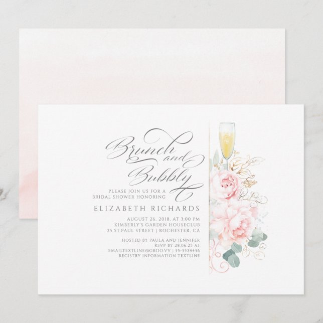 Invitation Brunch et Bubbly Fête des mariées florale rose (Devant / Derrière)