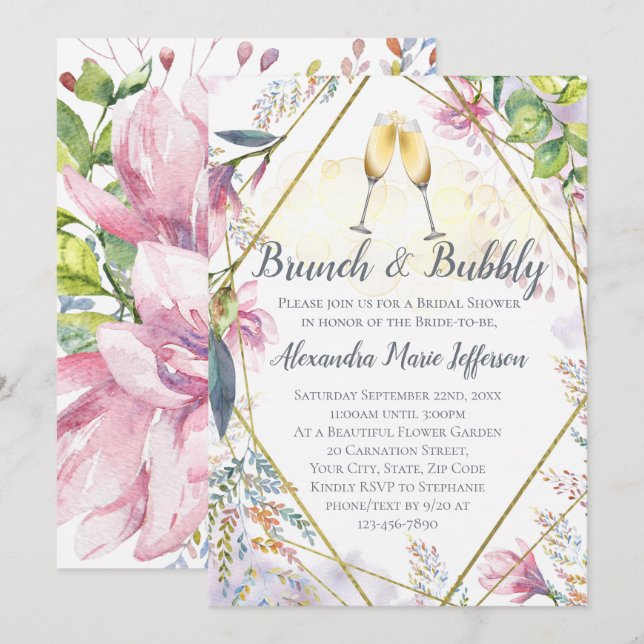 Invitation Brunch et Bubbly Green Pink Lily Fête des mariées (Devant / Derrière)