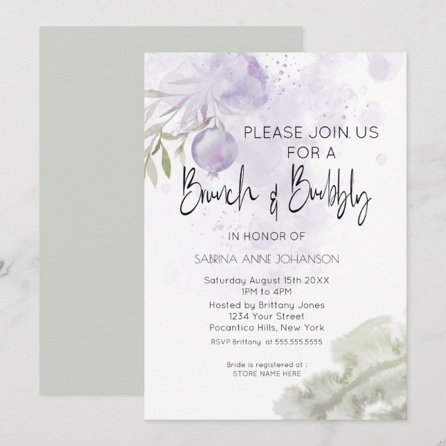 Invitation Brunch et Bubbly Lilac Purple Rose (Devant / Derrière)