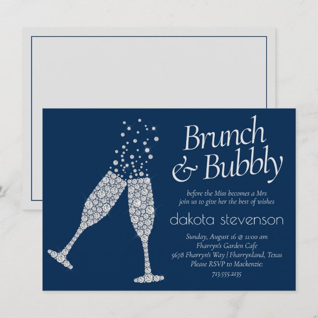 Invitation Brunch et Bubbly | Marine Blue Silver Grey Douche (Devant / Derrière)
