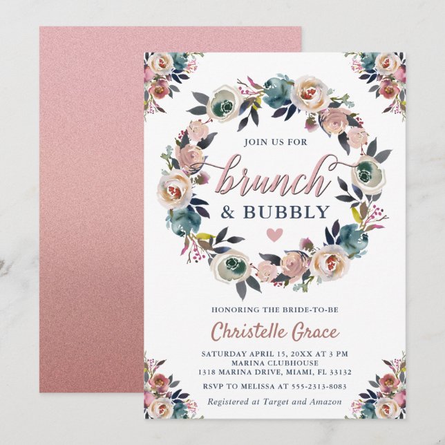 Invitation Brunch et Bubbly Marine Dusty Fête des mariées ros (Devant / Derrière)