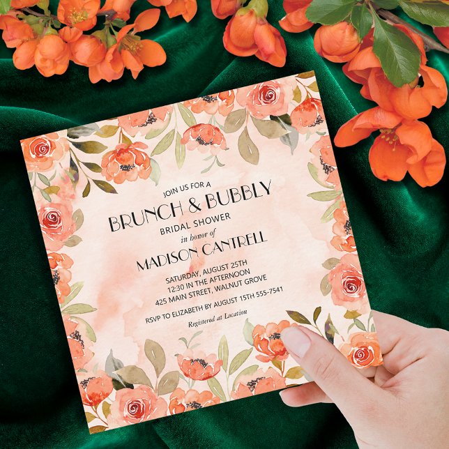 Invitation Brunch et Bubbly Orange Fête des mariées florale (Brunch and Bubbly orange floral square bridal shower invitations)