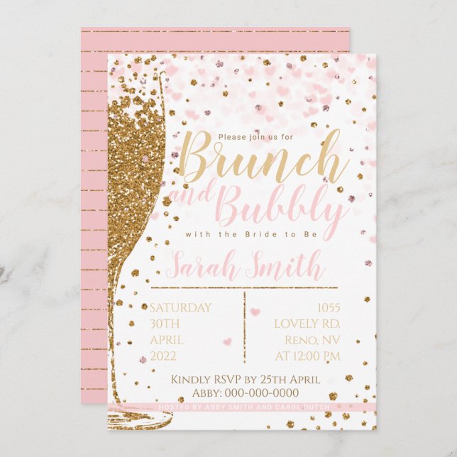 Invitation Brunch et Bubbly parties scintillant or rayé backg (Devant / Derrière)