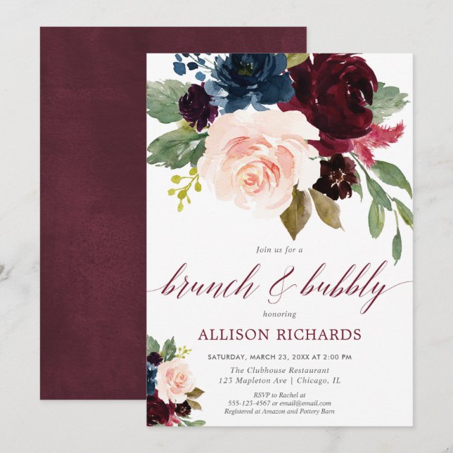 Invitation Brunch et bulle bordeaux marine bleu floral bridal (Devant / Derrière)