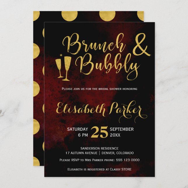 Invitation Brunch et bulle bourgogne glam doré douche nuptial (Devant / Derrière)