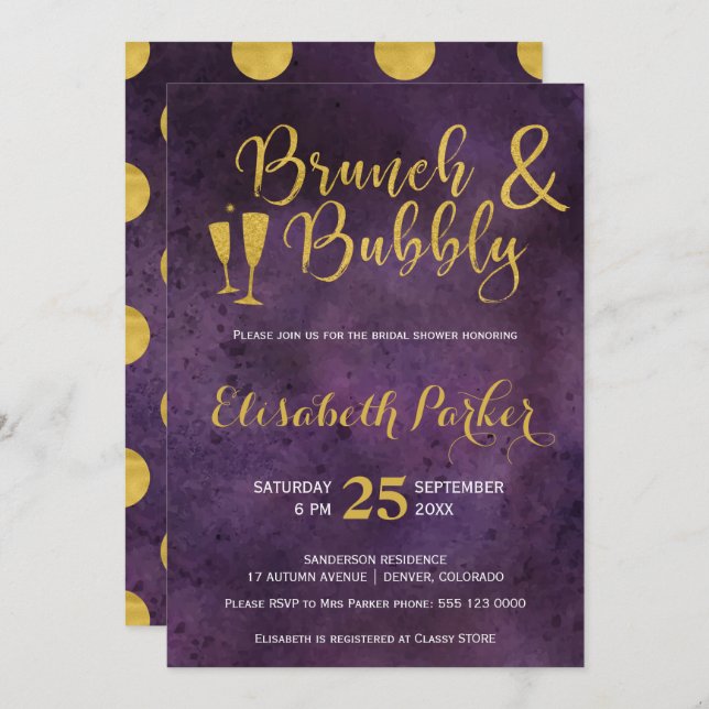 Invitation Brunch et bulle violet glam doré douche nuptiale (Devant / Derrière)