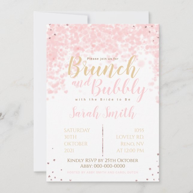 Invitation Brunch et bulles roses, coeurs et parties scintill (Devant)