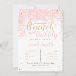 Invitation Brunch et bulles roses, coeurs et parties scintill