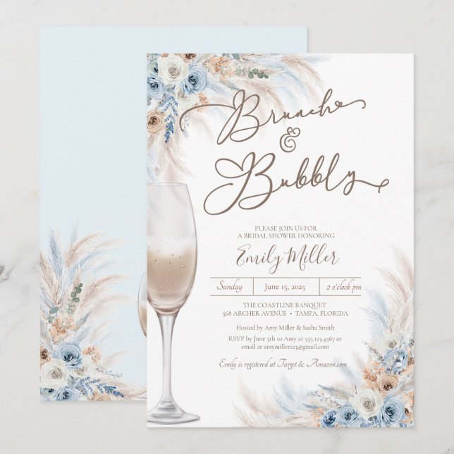 Invitation Brunch et Fête des mariées Bubbly Blue Boho Pampas (Devant / Derrière)