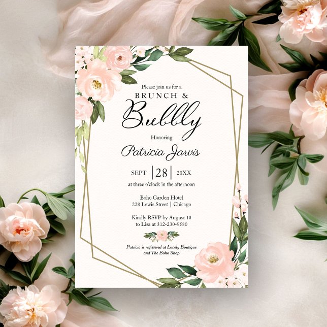 Invitation Brunch Et Fête des mariées Bubbly Rose Blush Flora (Créateur téléchargé)