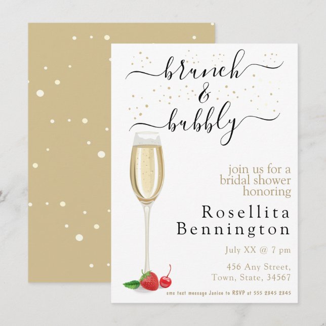 Invitation Brunch et Fête des mariées champagne Bubbly (Devant / Derrière)