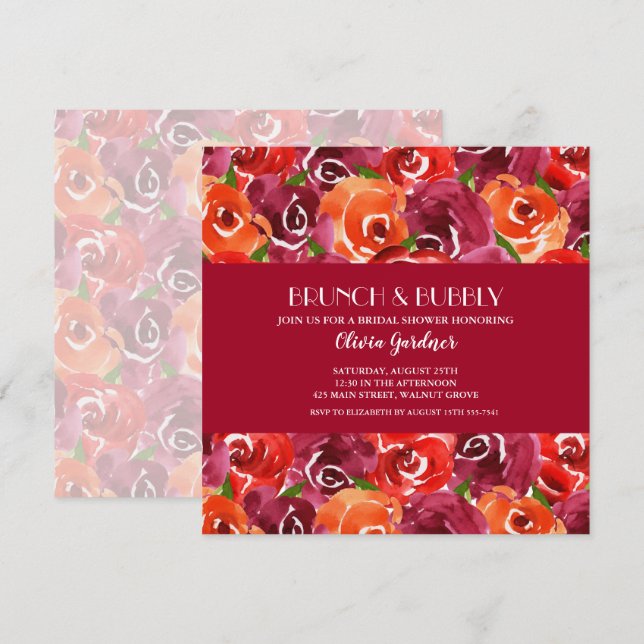 Invitation Brunch et Fête des mariées fleurie Bubbly (Devant / Derrière)