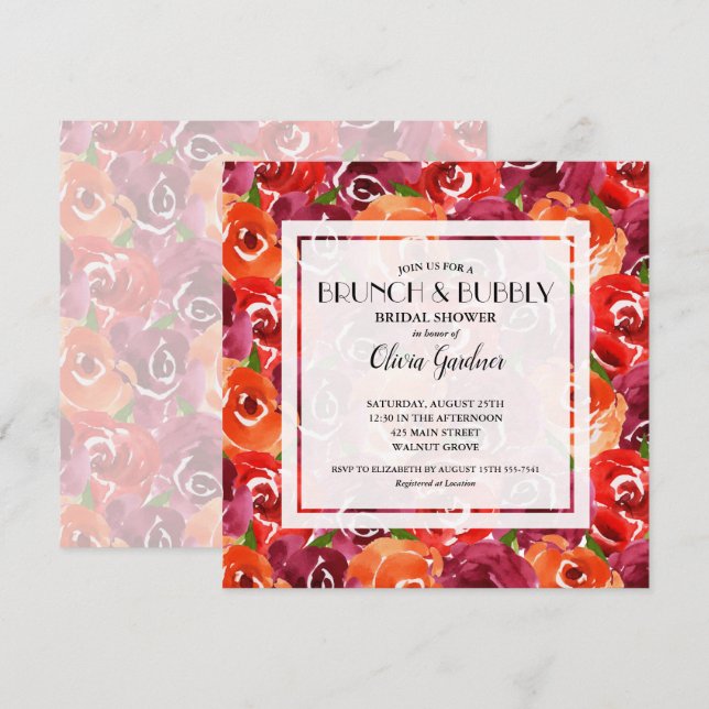 Invitation Brunch et Fête des mariées fleurie Bubbly (Devant / Derrière)