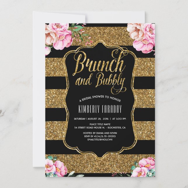 Invitation Brunch et Fête des mariées fleurie Bubbly Gold (Devant)