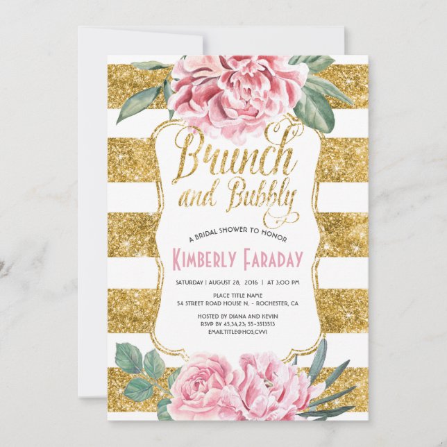 Invitation Brunch et Fête des mariées fleurie Bubbly Gold (Devant)