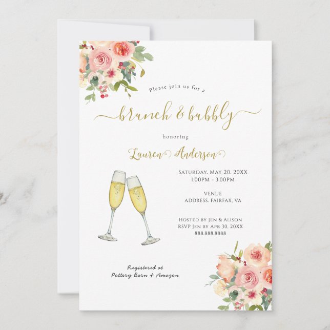 Invitation Brunch Et Fête des mariées Florale Bubbly (Devant)