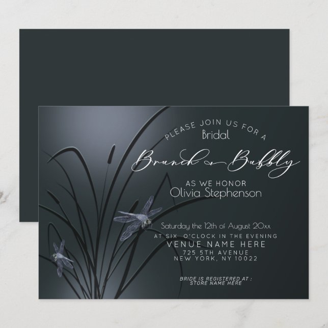 Invitation Brunch et libellule bleu Bubbly (Devant / Derrière)