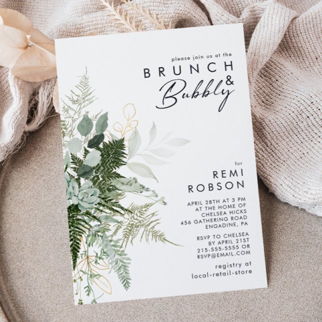 Invitation Brunch et mousseux à feuilles vertes et or (Créateur téléchargé)