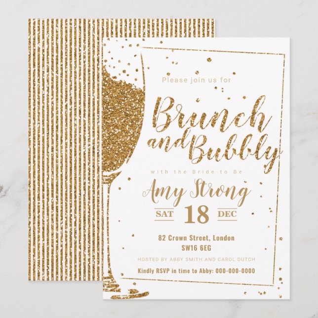 Invitation Brunch et parties scintillant en or Bubbly avec do (Devant / Derrière)