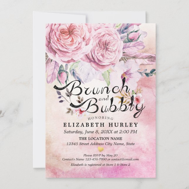 Invitation Brunch & Fête des mariées Bubbly Boho Floral Feath (Devant)