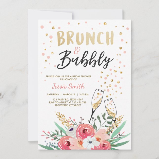 Invitation Brunch & Fête des mariées Bubbly Champagne d'or ro (Devant)