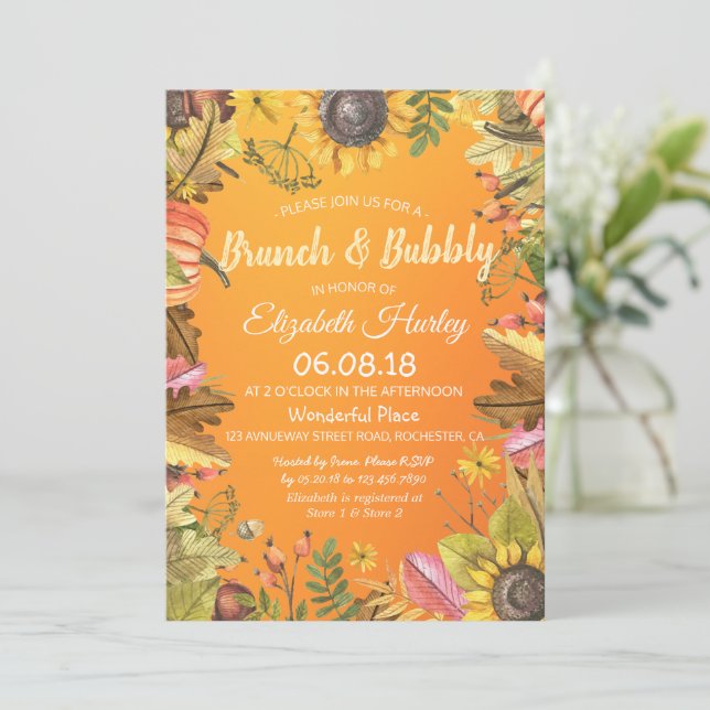 Invitation Brunch & Fête des mariées Bubbly Feuille Citrouill (Debout devant)
