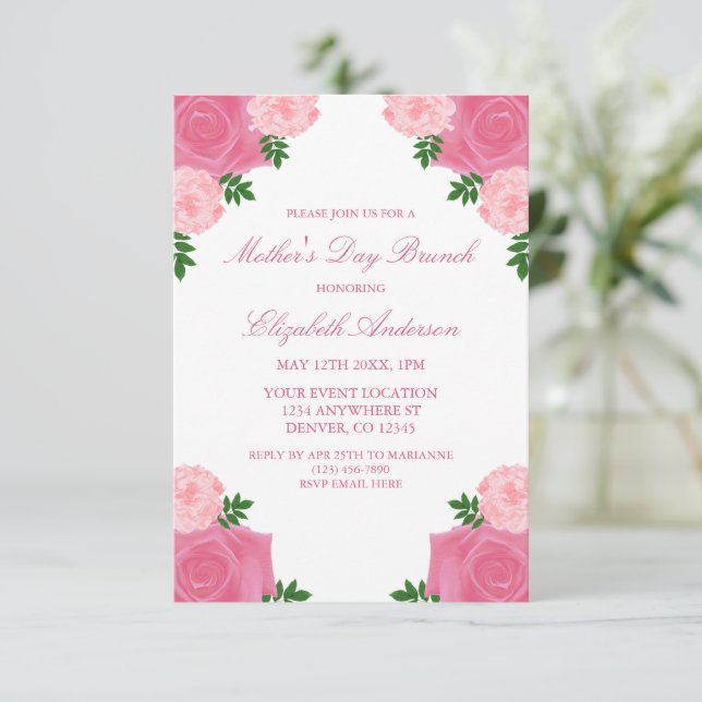 Invitation Brunch Fête des Mères Rose Floral (Debout devant)