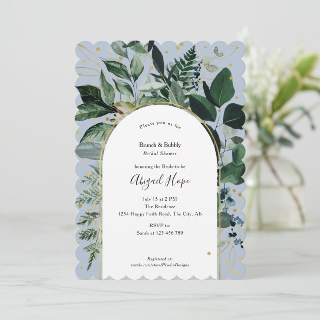 Invitation Brunch feuillage vert bleu roux moderne & Bubbly (Debout devant)