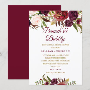 Invitation Brunch Floral Bourgogne et Fête des mariées Bubbly