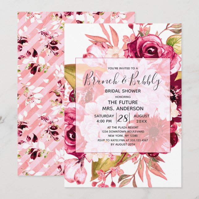 Invitation Brunch Floral Bourgogne & Fête des mariées Bubbly (Devant / Derrière)