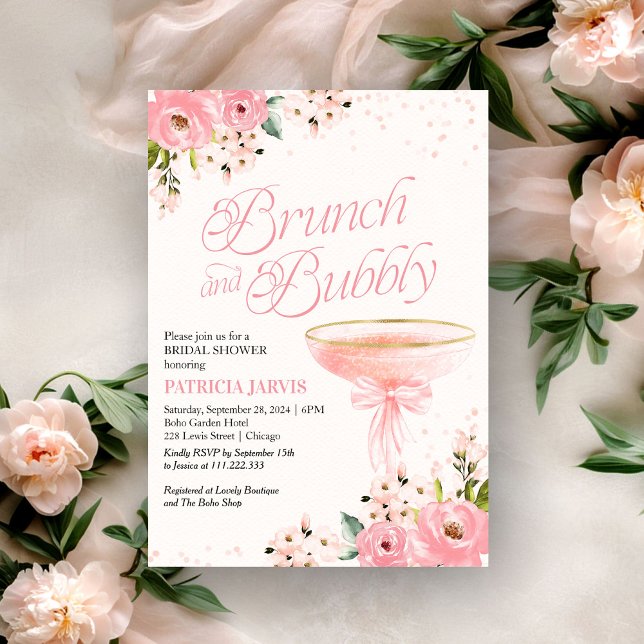 Invitation Brunch Floral Bow Rose Et Fête des mariées Bubbly (Créateur téléchargé)